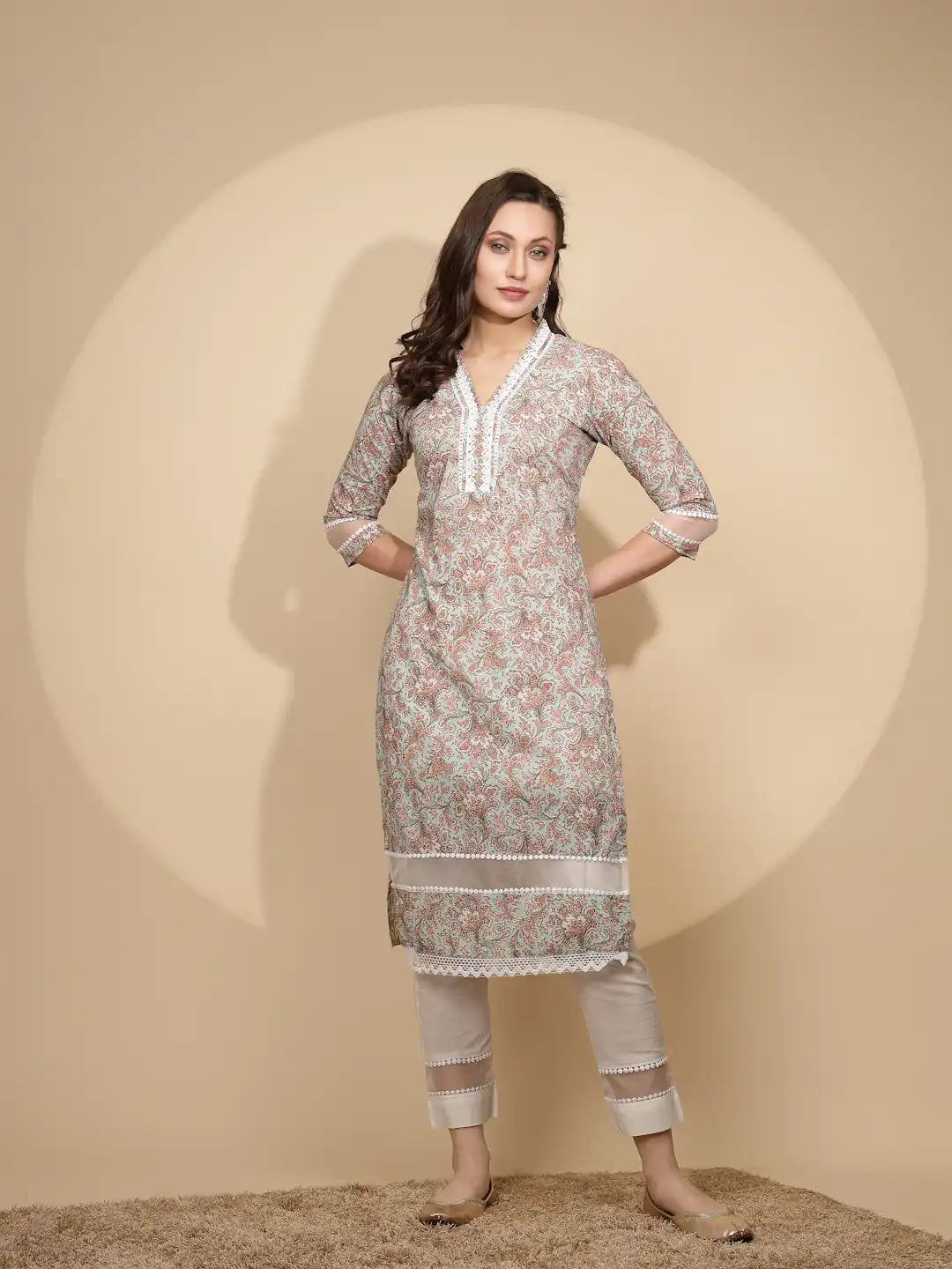 Light Green Cotton Regular Fit Kurta Set For Women - Global Republic