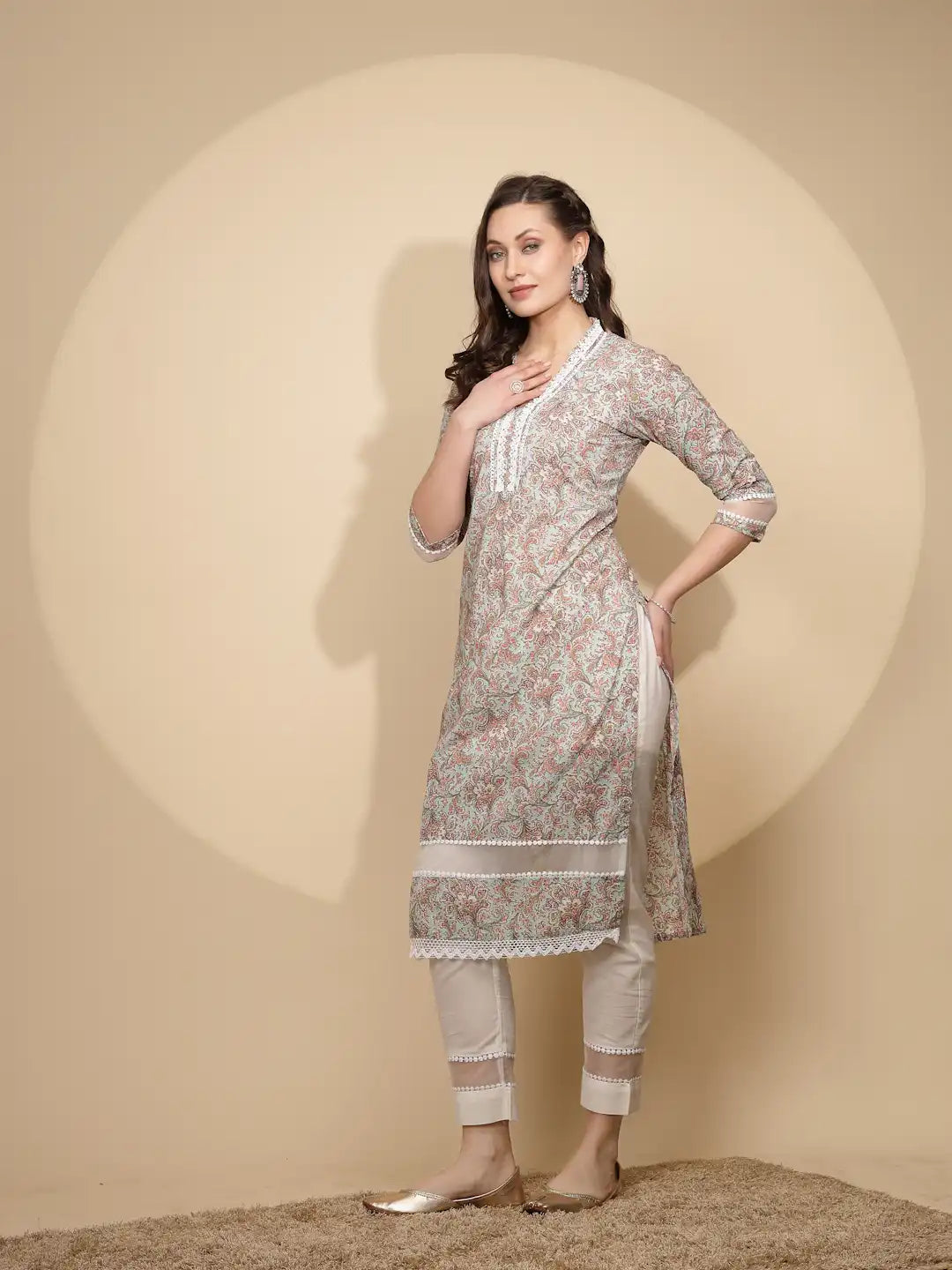 Light Green Cotton Regular Fit Kurta Set For Women - Global Republic