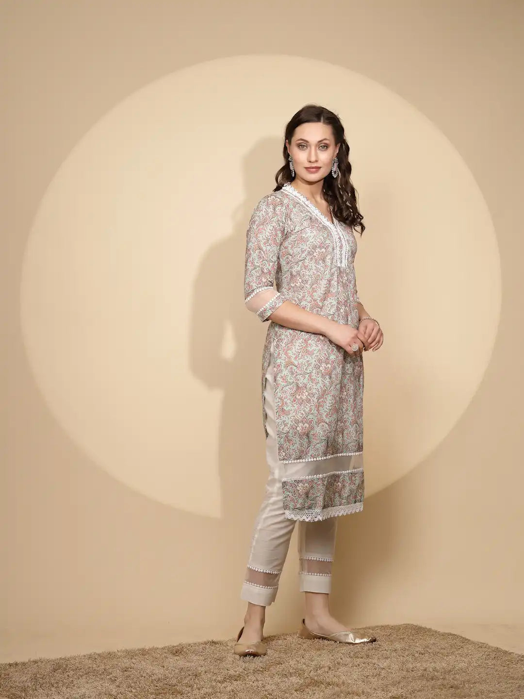 Light Green Cotton Regular Fit Kurta Set For Women - Global Republic