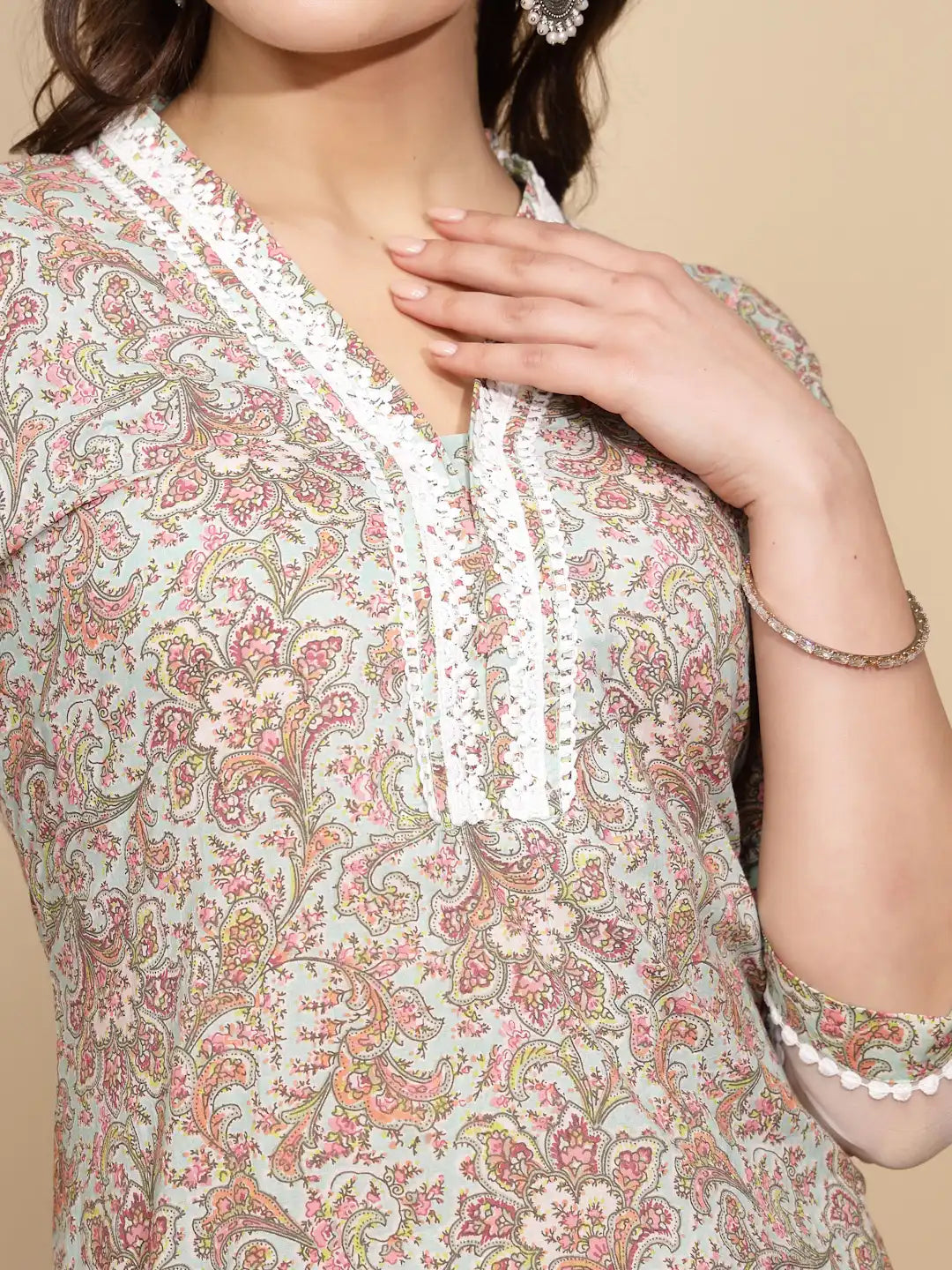 Light Green Cotton Regular Fit Kurta Set For Women - Global Republic