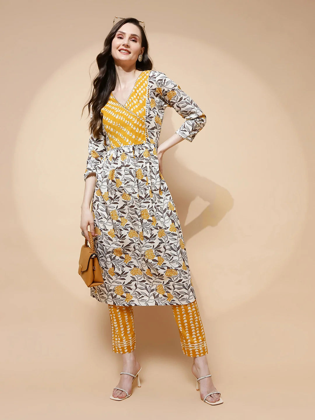 Yellow Cotton Blend Loose Fit Kurta Set For Women - Global Republic