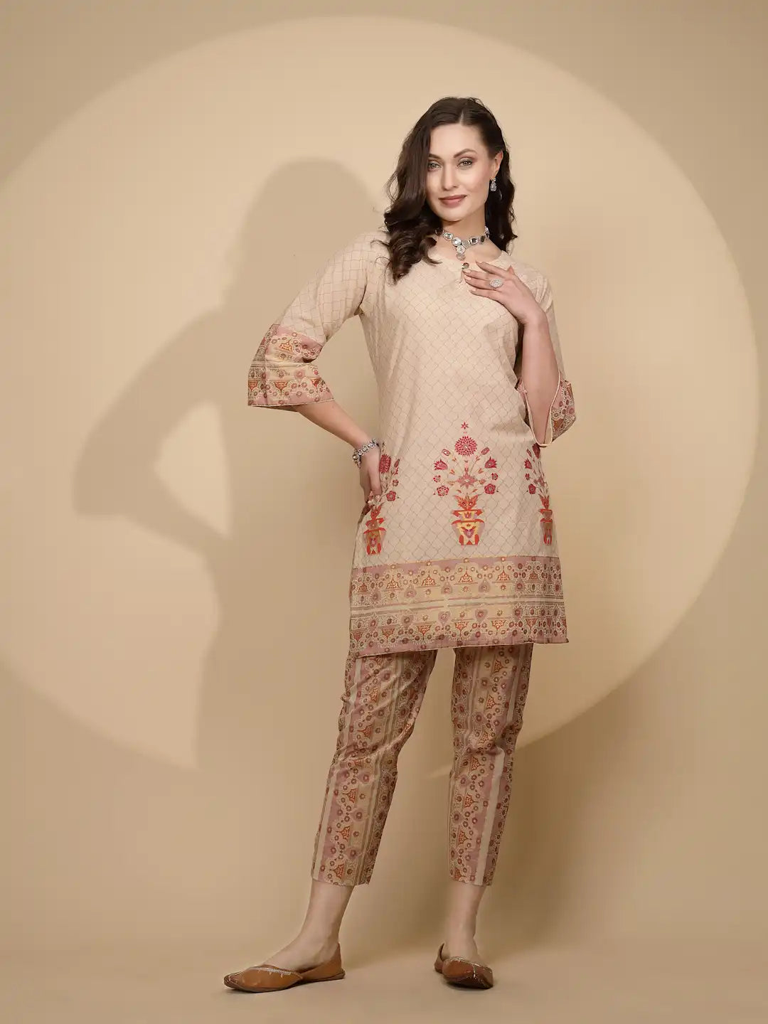 Beige Cotton Regular Fit Kurta Set For Women - Global Republic