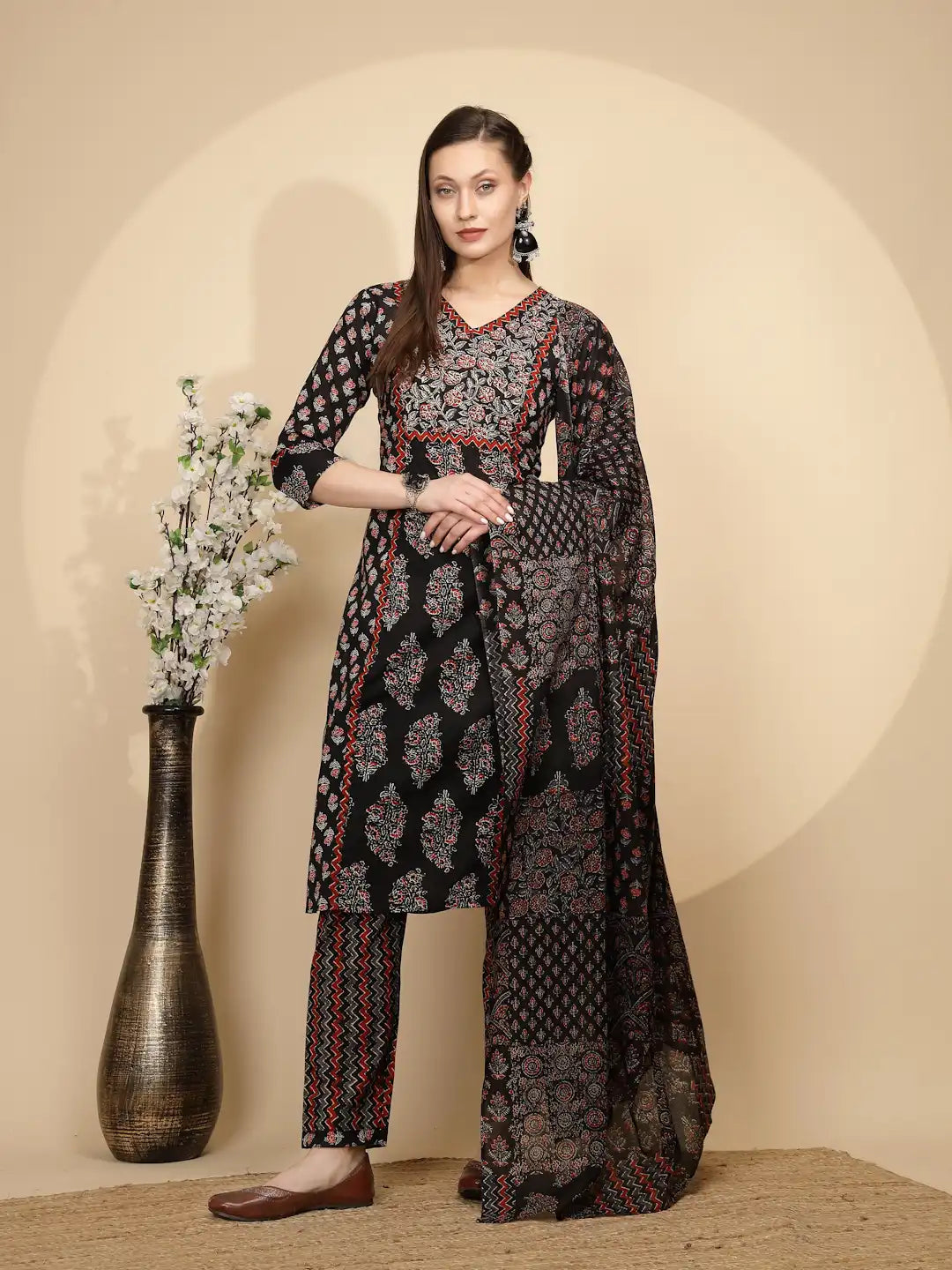 Black Cotton Regular Fit Suit Set For Women - Global Republic