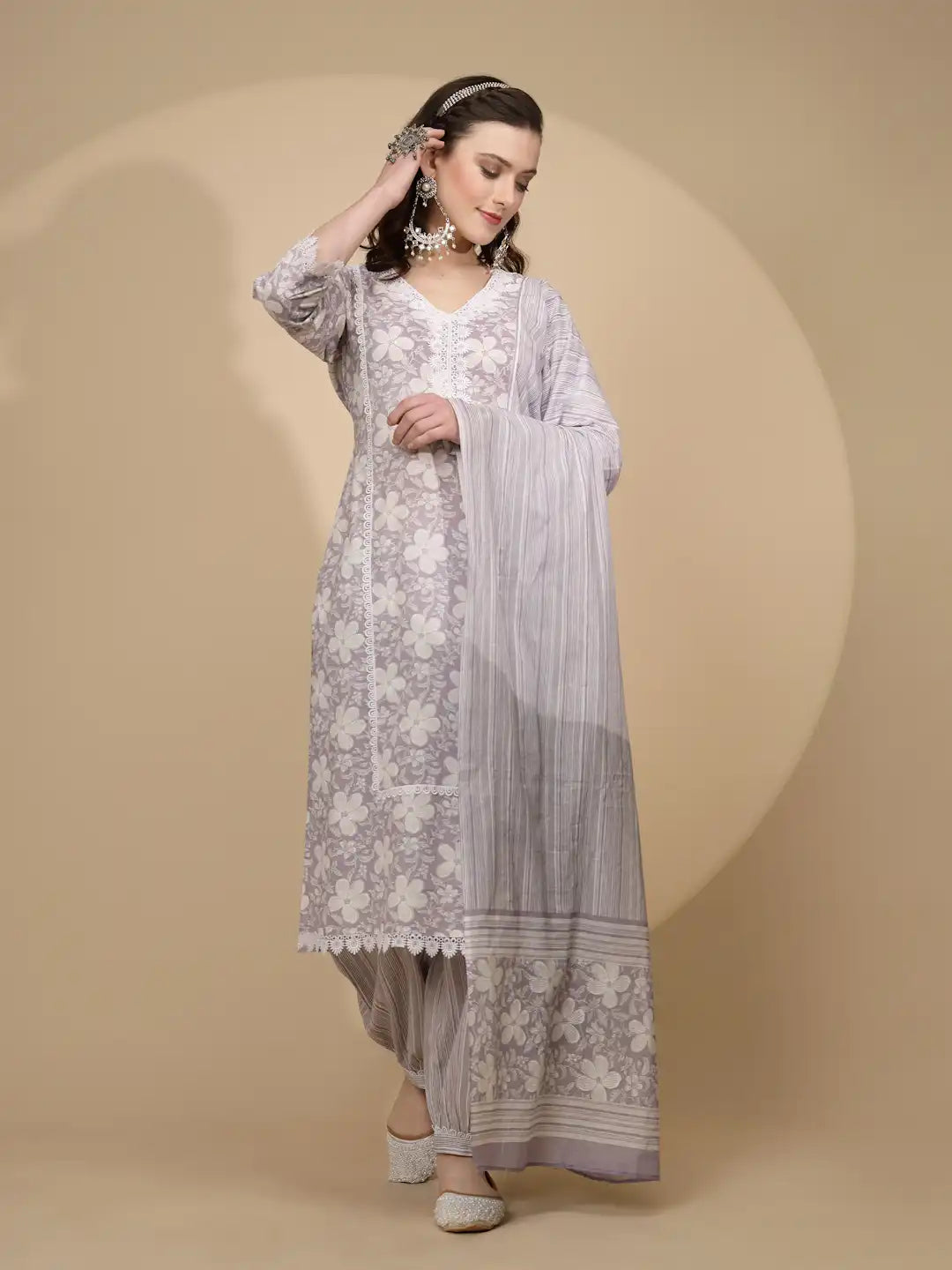Lilac Cotton Regular Fit Suit Set For Women