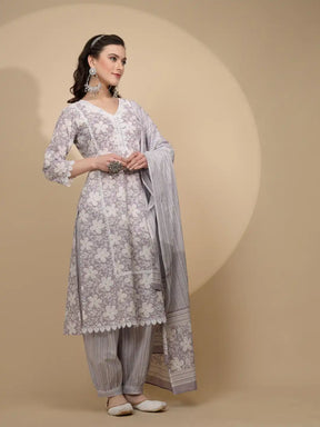 Lilac Cotton Regular Fit Suit Set For Women