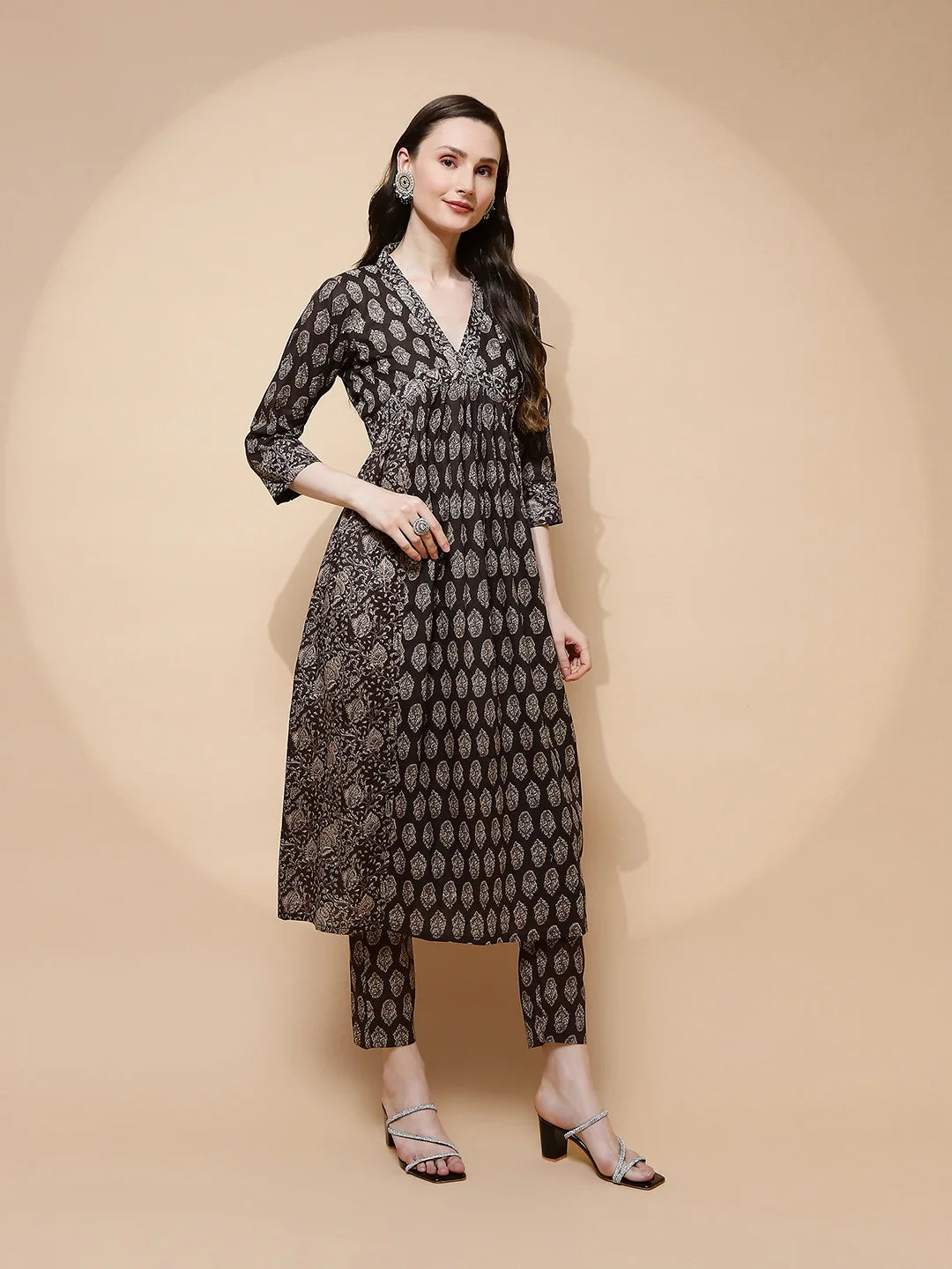 Coffee Cotton Blend Loose Fit Suit Set For Women - Global Republic