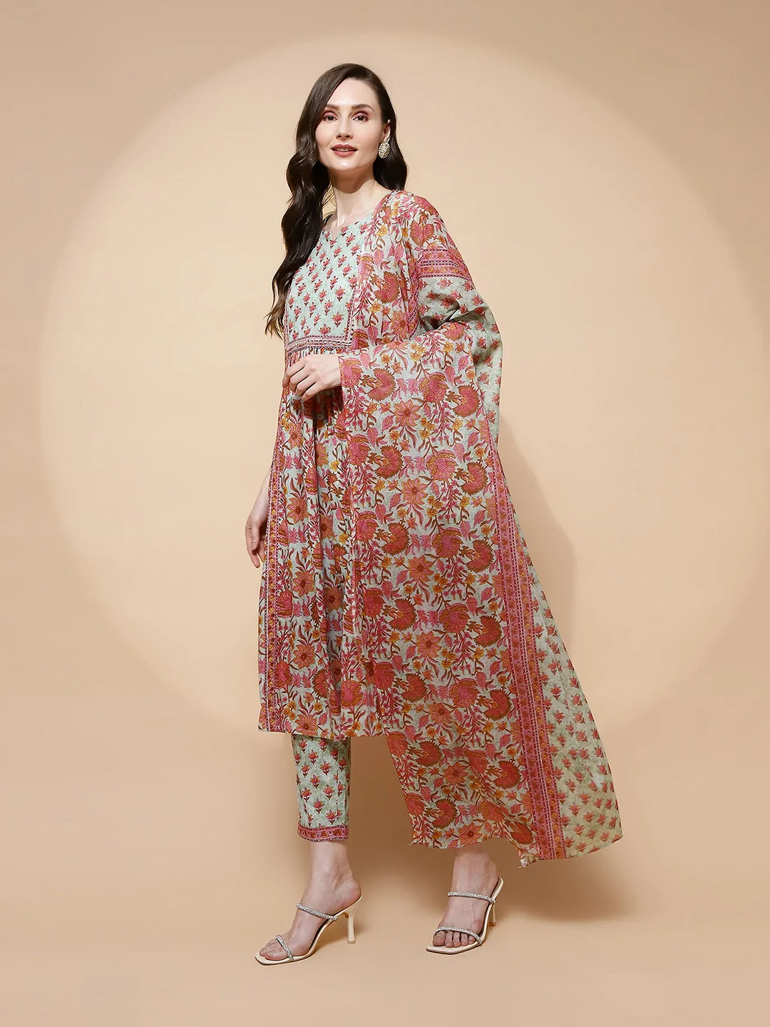 Green Cotton Blend Loose Fit Suit Set For Women - Global Republic