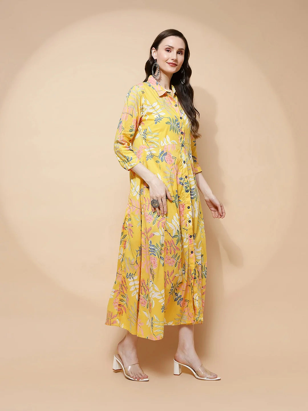 Yellow Cotton Blend Regular Fit Dress For Women - Global Republic