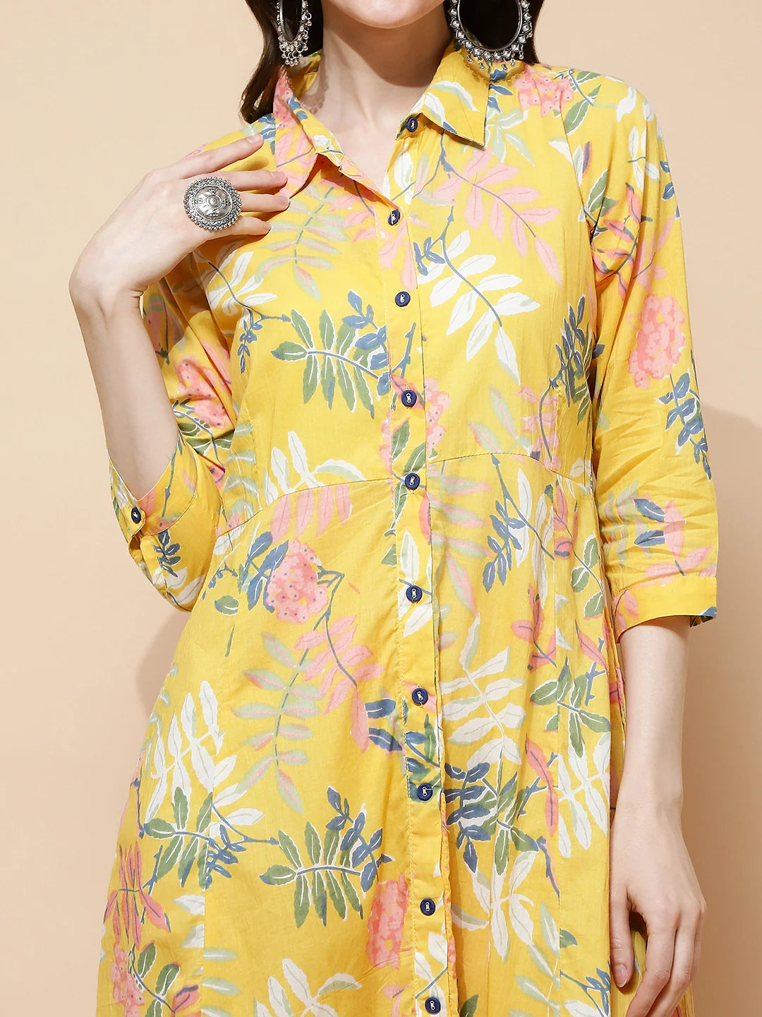 Yellow Cotton Blend Regular Fit Dress For Women - Global Republic