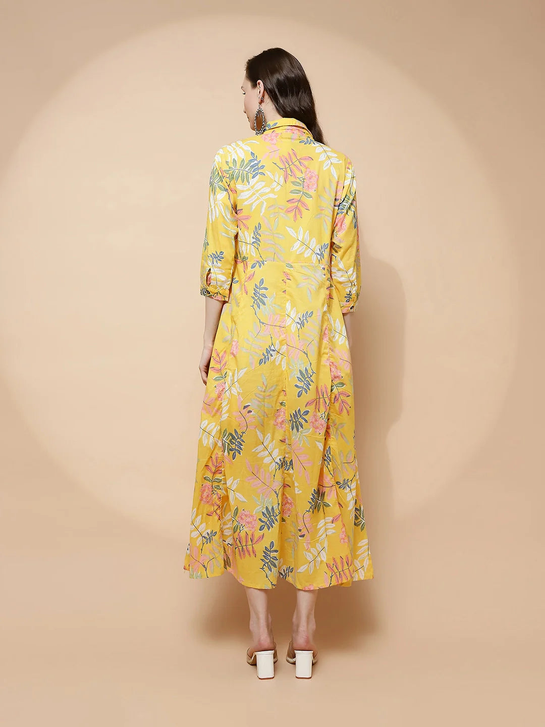 Yellow Cotton Blend Regular Fit Dress For Women - Global Republic