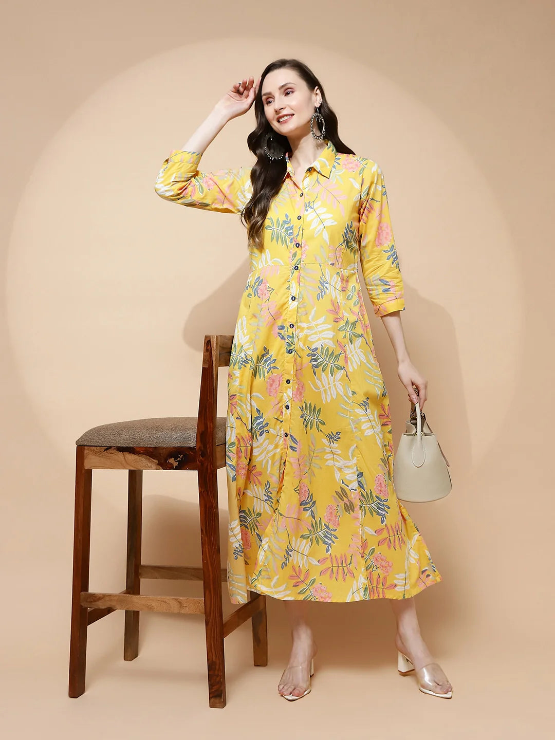 Yellow Cotton Blend Regular Fit Dress For Women - Global Republic