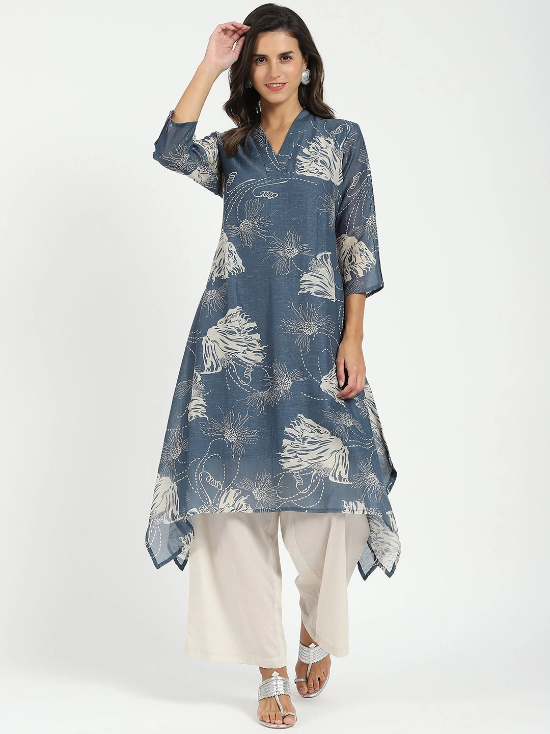 Grey Printed A-Line Kurta Set - Global Republic