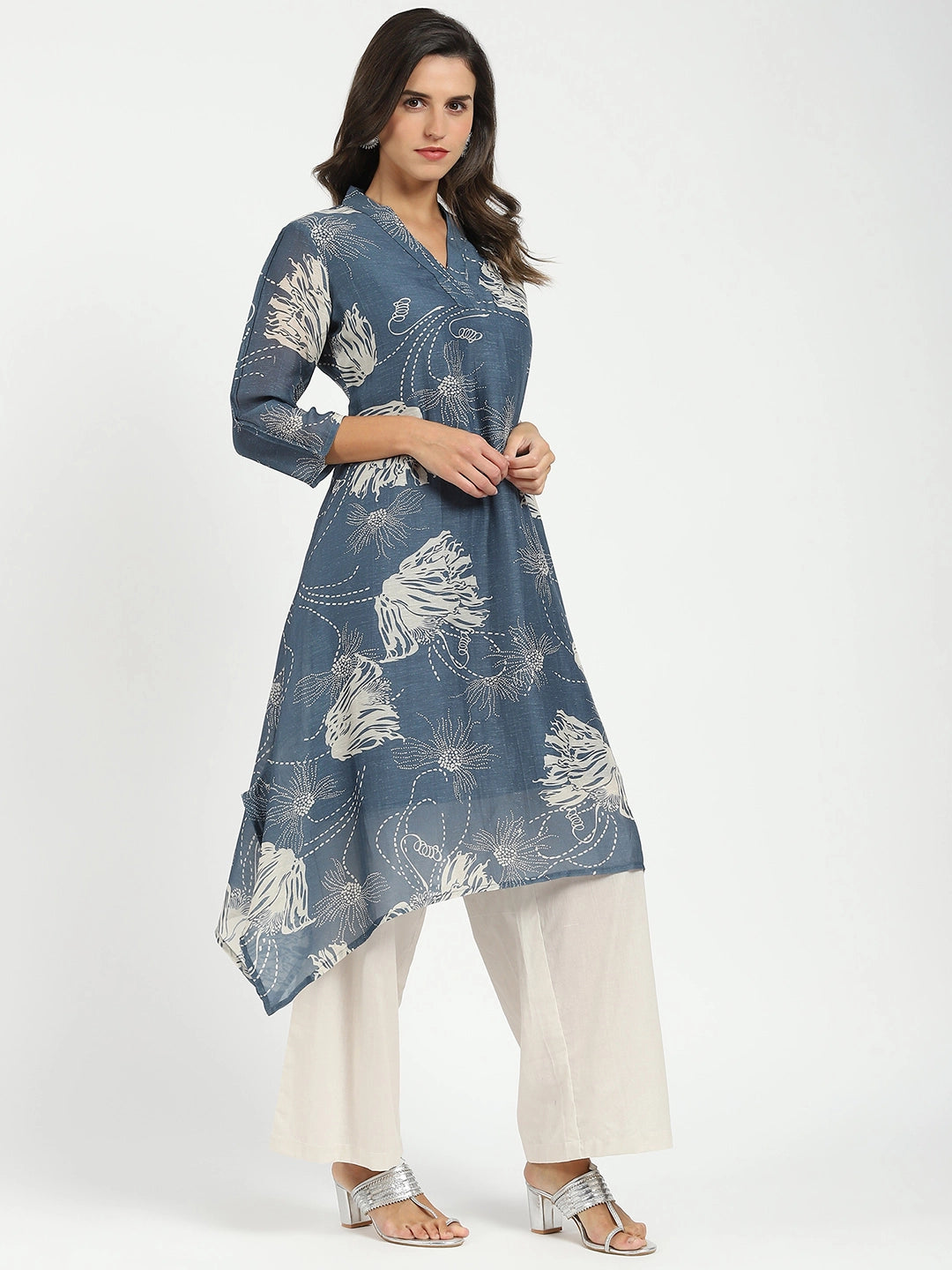 Grey Printed A-Line Kurta Set