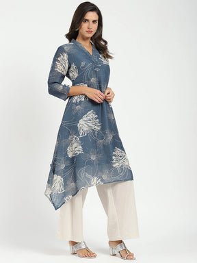 Grey Printed A-Line Kurta Set
