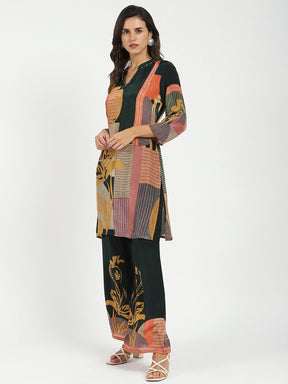 Green Abstract Crepe Kurta Set