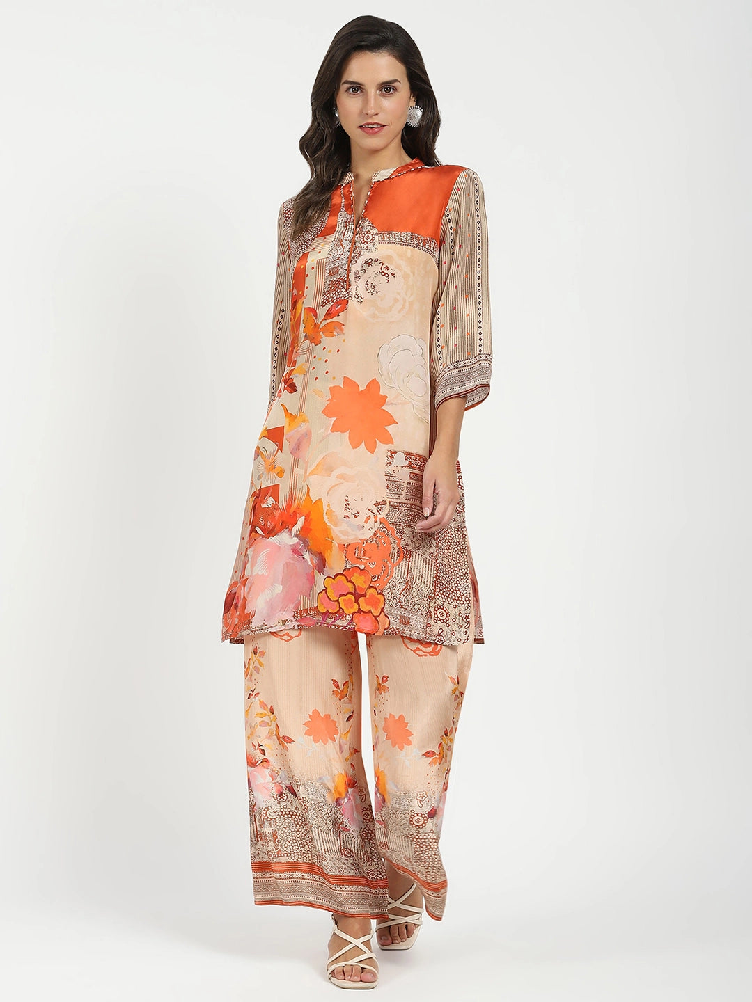 Orange Abstract Crepe Kurta Set - Global Republic