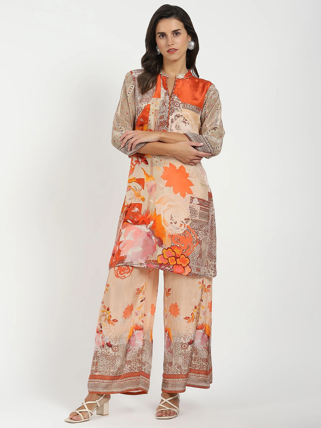 Orange Abstract Crepe Kurta Set - Global Republic