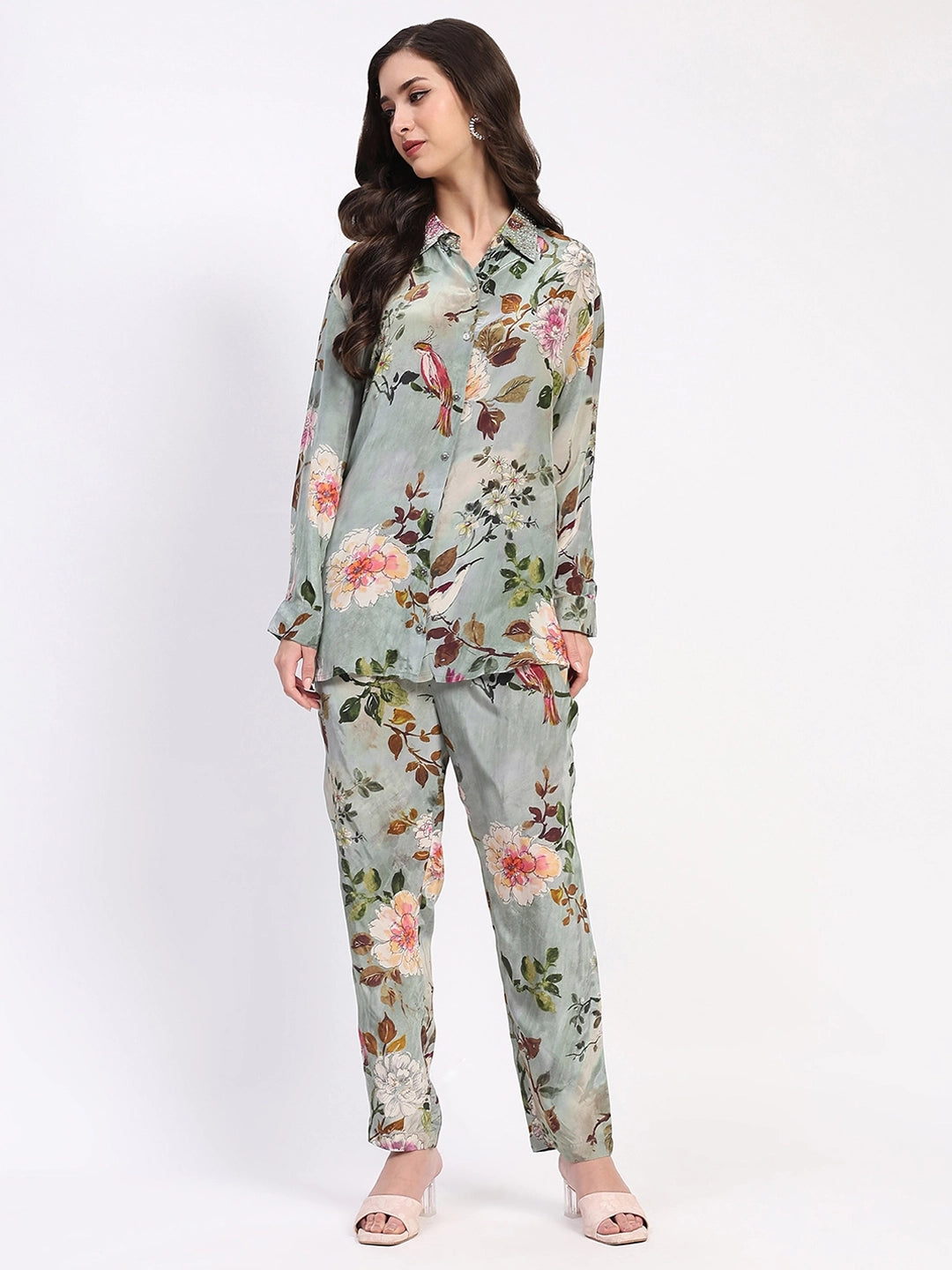 Olive Floral Beaded Collar Ethnic Set