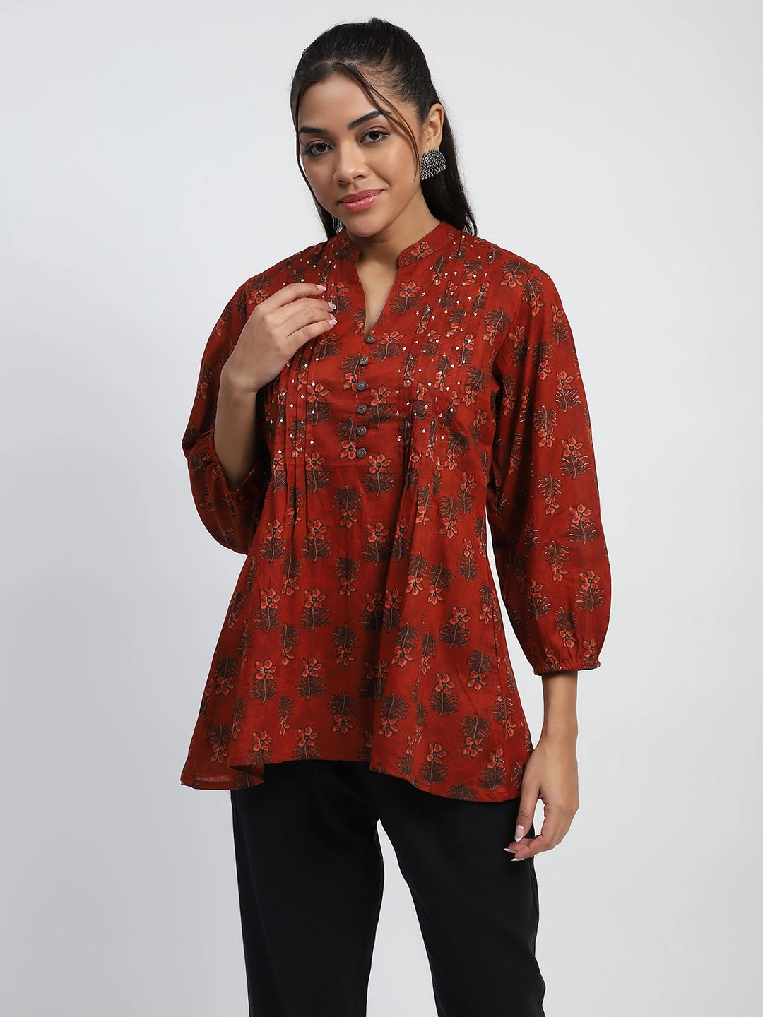 Rust  Floral Print Cotton Tunic - Global Republic