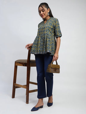 Green Ajrakh Cotton Regular Fit Tunic