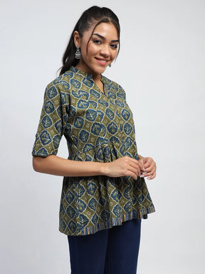 Green Ajrakh Cotton Regular Fit Tunic