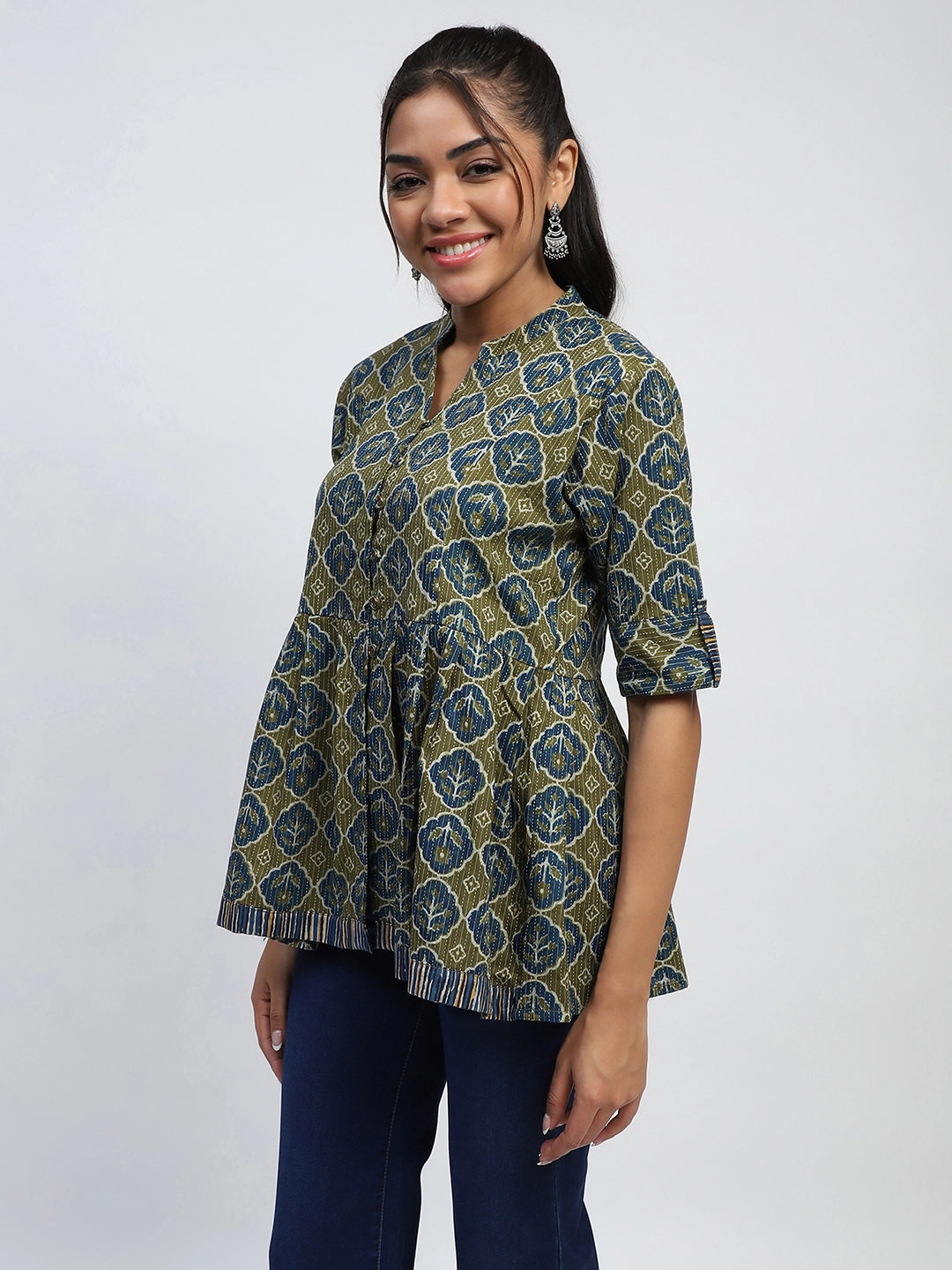 Green Ajrakh Cotton Regular Fit Tunic