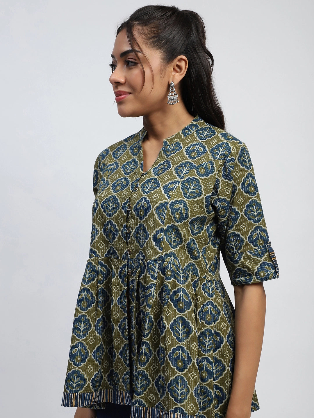 Green Ajrakh Cotton Regular Fit Tunic