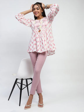White Floral Embroidered Cotton Tunic