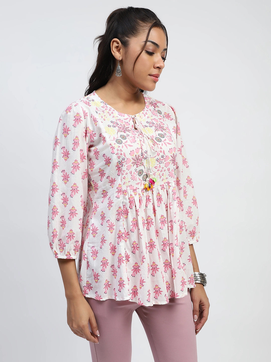 White Floral Embroidered Cotton Tunic