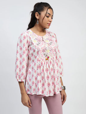 White Floral Embroidered Cotton Tunic