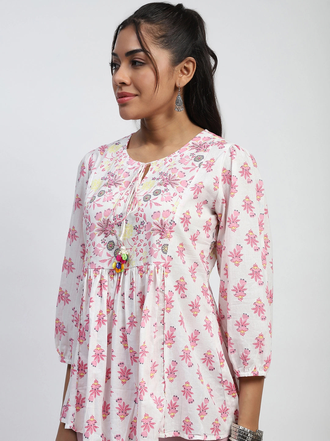 White Floral Embroidered Cotton Tunic