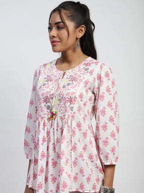 White Floral Embroidered Cotton Tunic