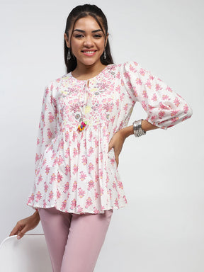 White Floral Embroidered Cotton Tunic
