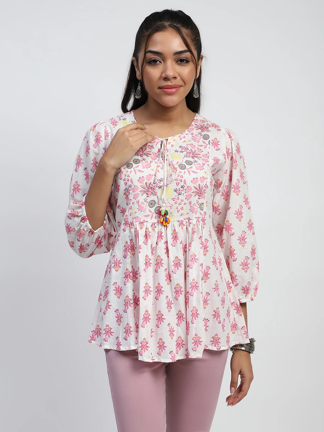 White Floral Embroidered Cotton Tunic