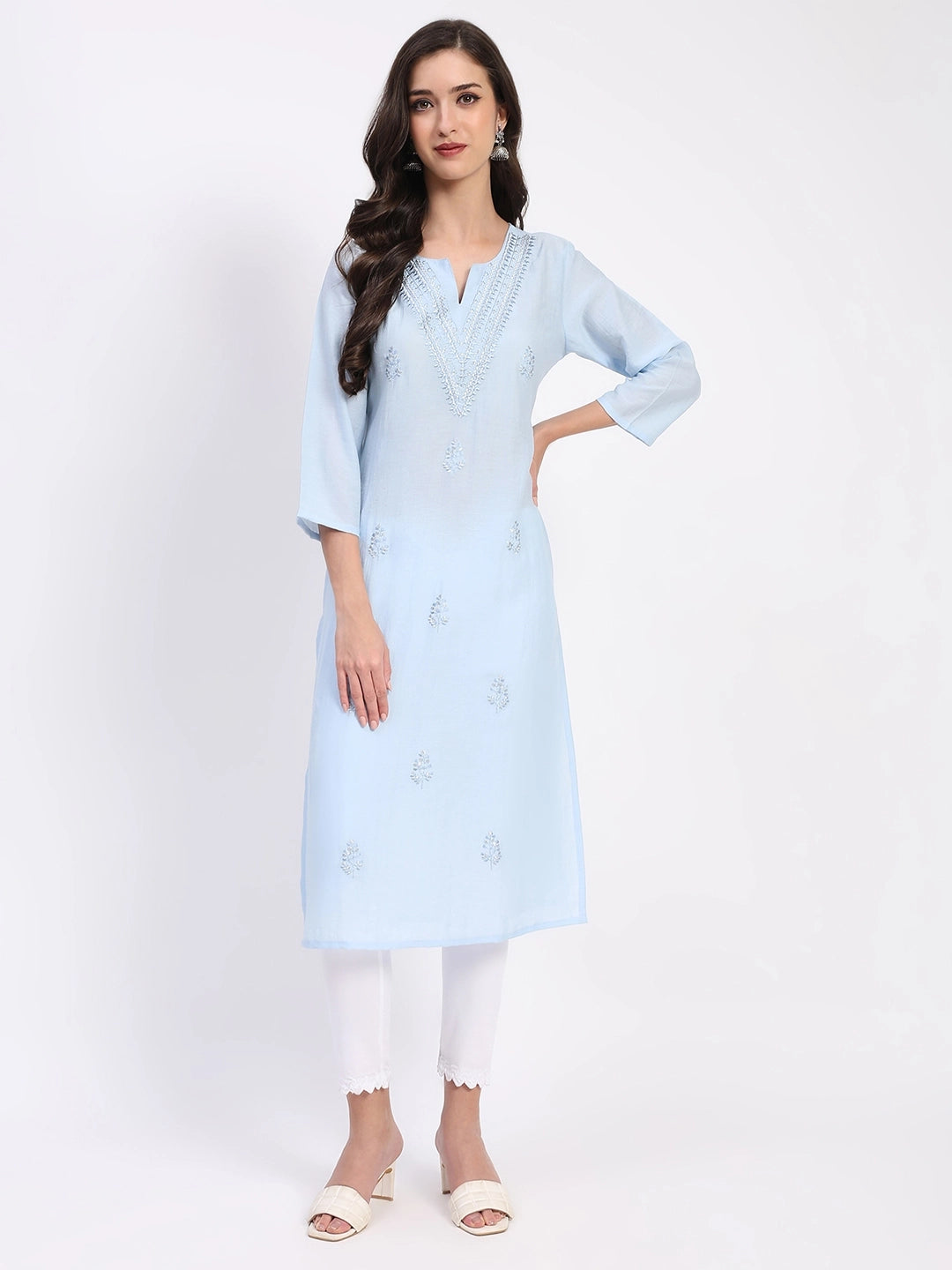 Powder Blue Linen Blend Embroidered Kurta
