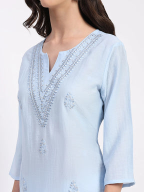 Powder Blue Linen Blend Embroidered Kurta