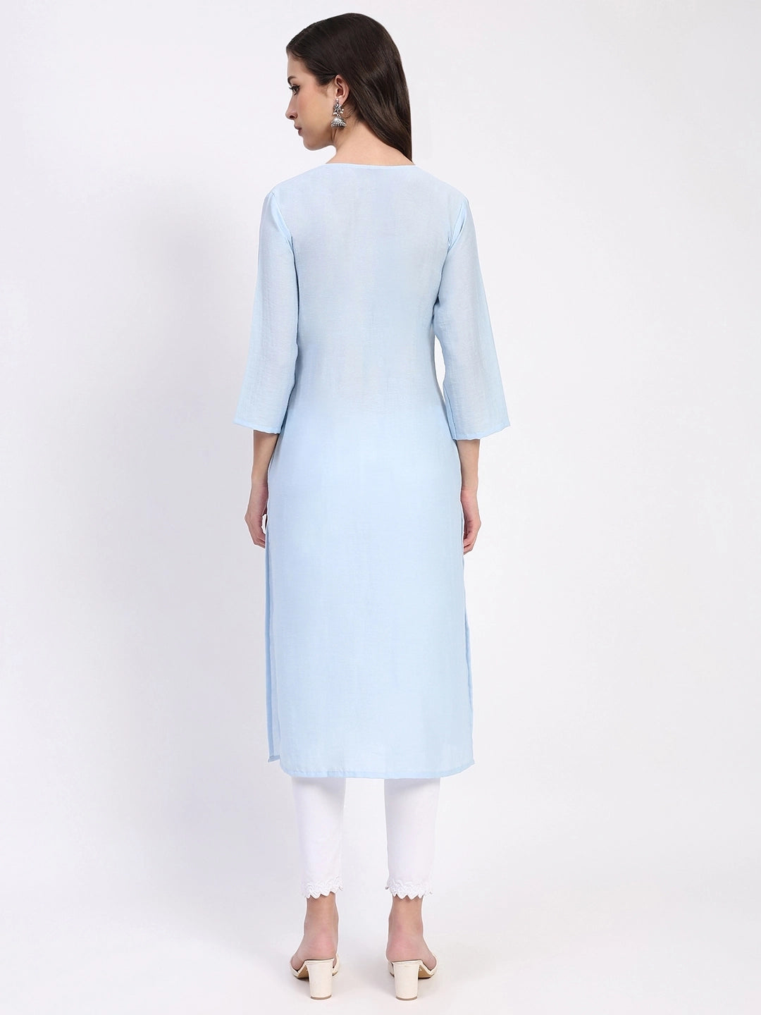 Powder Blue Linen Blend Embroidered Kurta