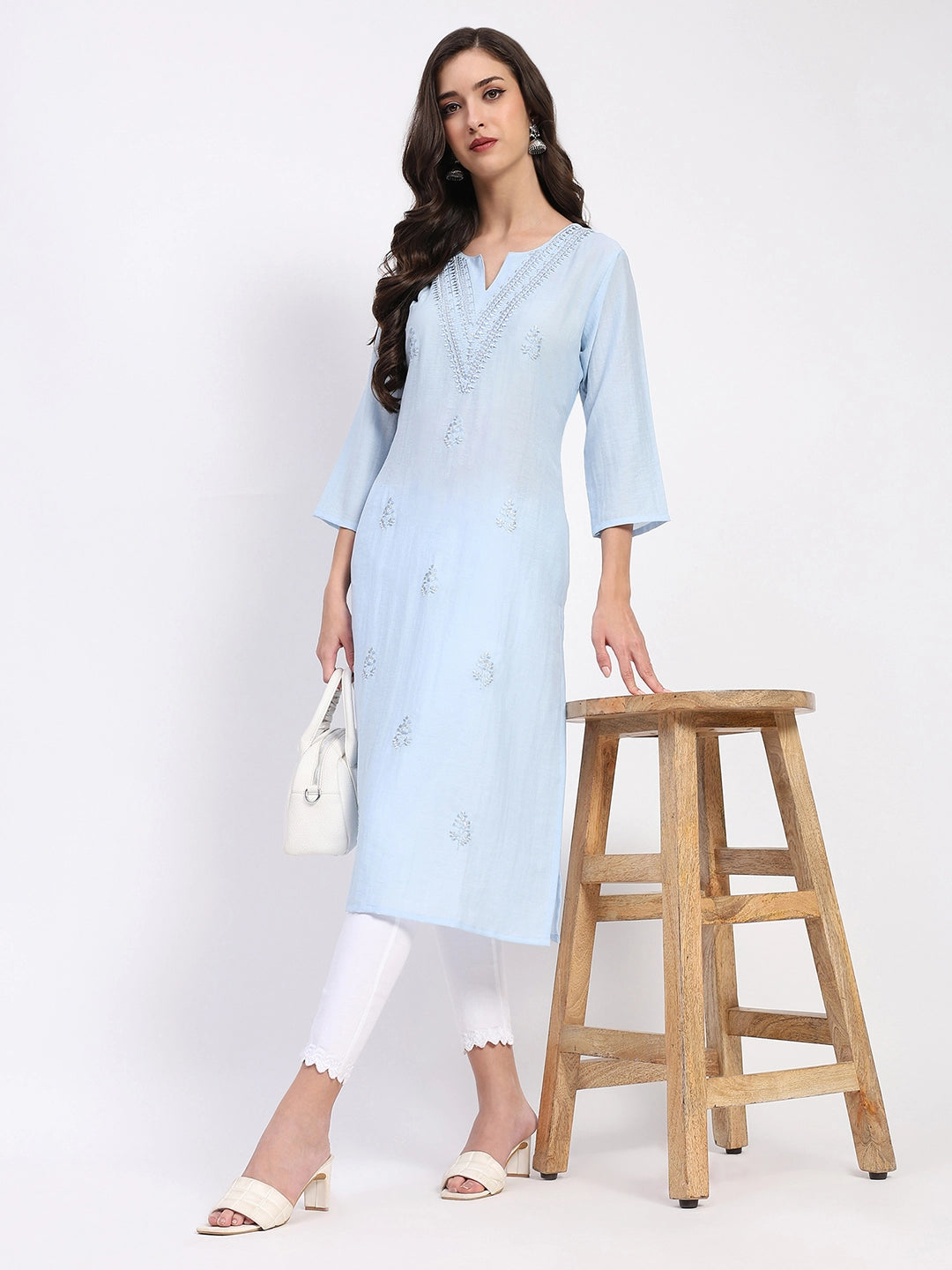 Powder Blue Linen Blend Embroidered Kurta
