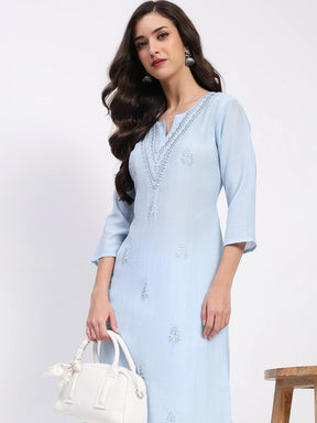 Powder Blue Linen Blend Embroidered Kurta
