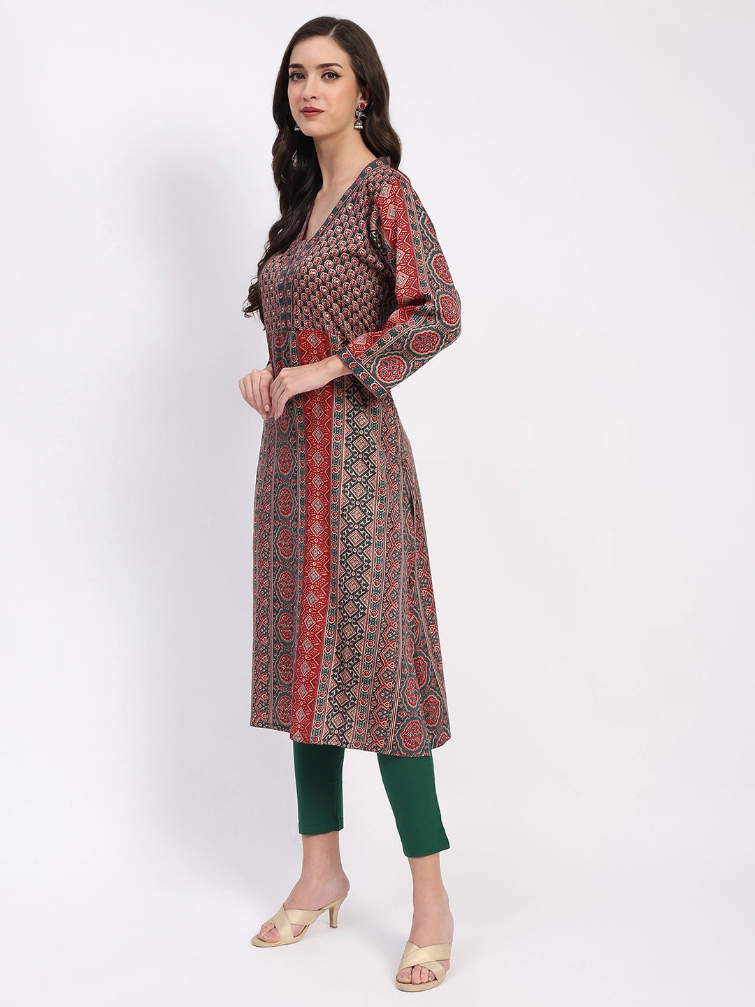 Ethnic Print Embellished Cotton A-Line Kurta - Global Republic
