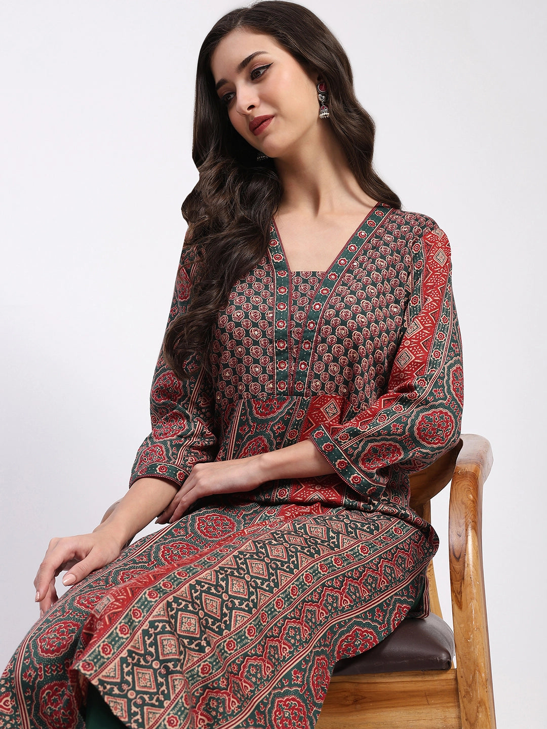 Ethnic Print Embellished Cotton A-Line Kurta