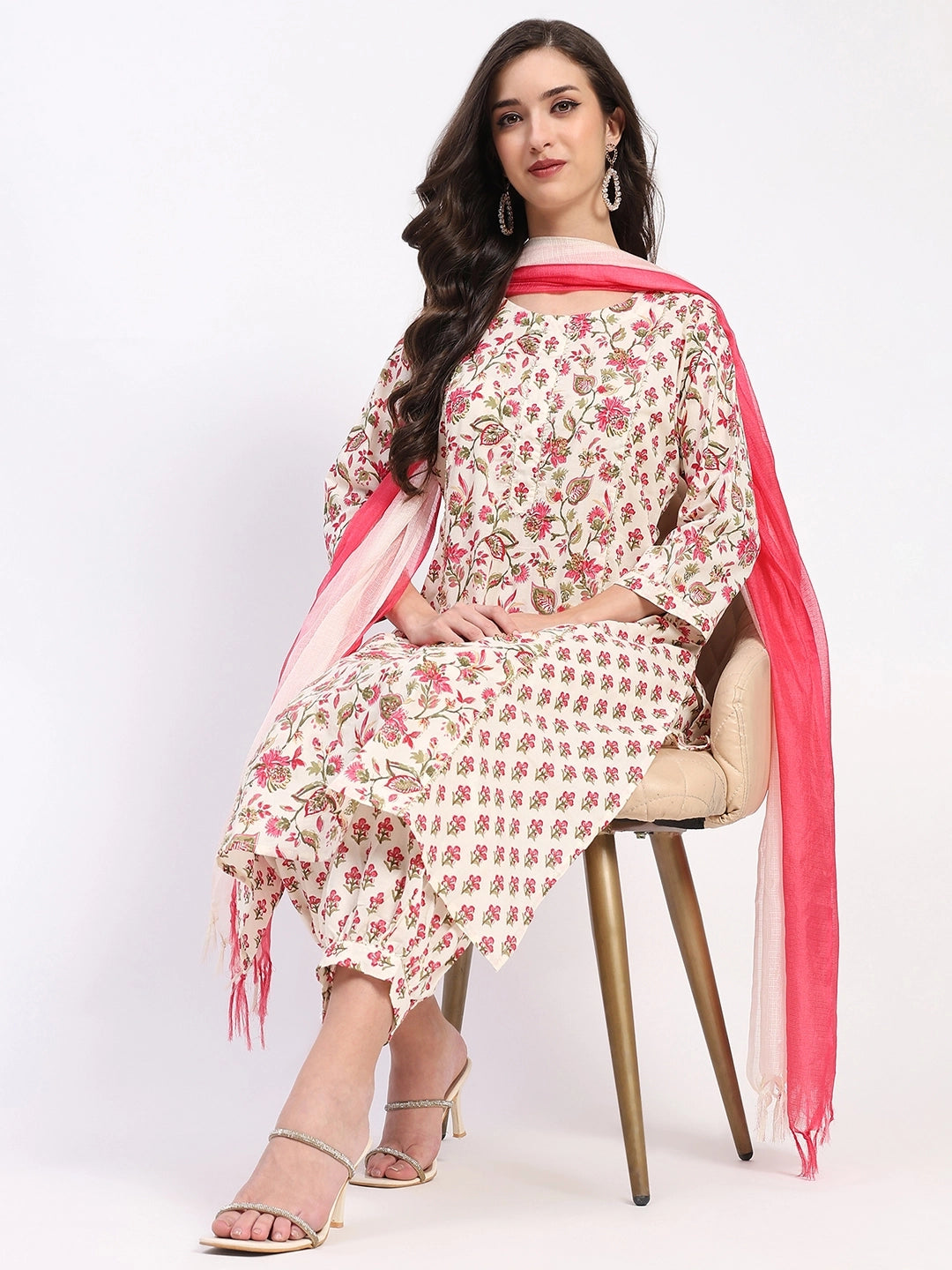 White & Red Cotton Afghani Suit Set