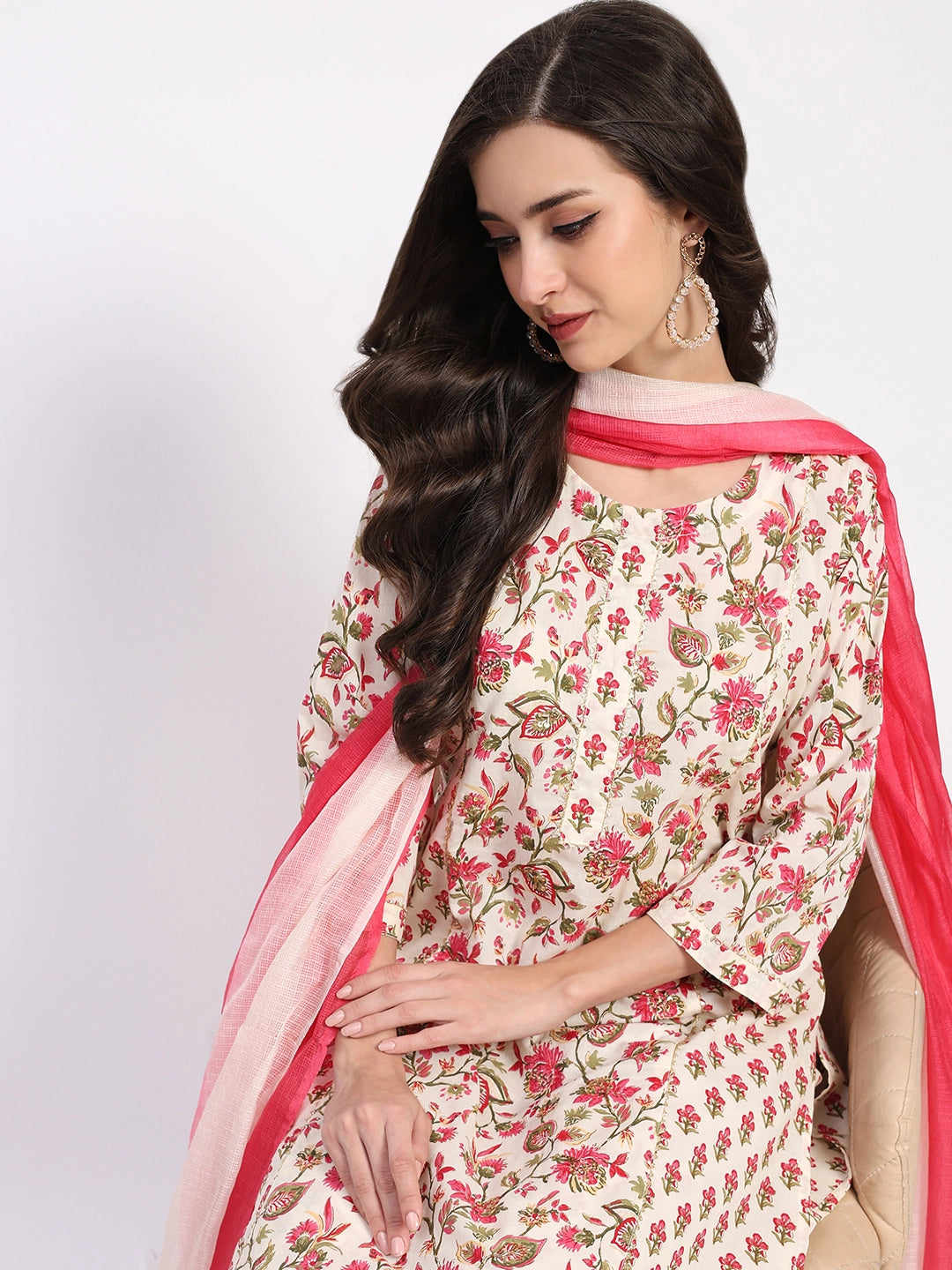 White & Red Cotton Afghani Suit Set - Global Republic