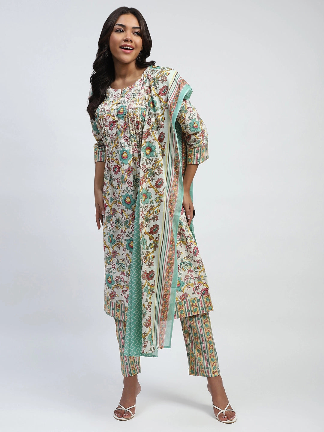 Green Floral Embroidered Suit Set