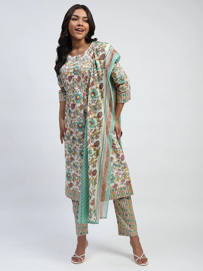 Green Floral Embroidered Suit Set