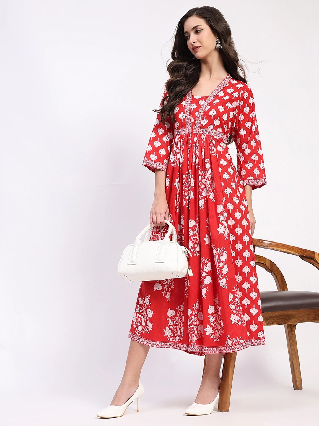 Red Floral Cotton Ethnic Dress