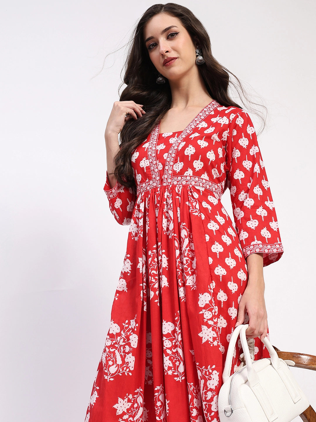 Red Floral Cotton Ethnic Dress