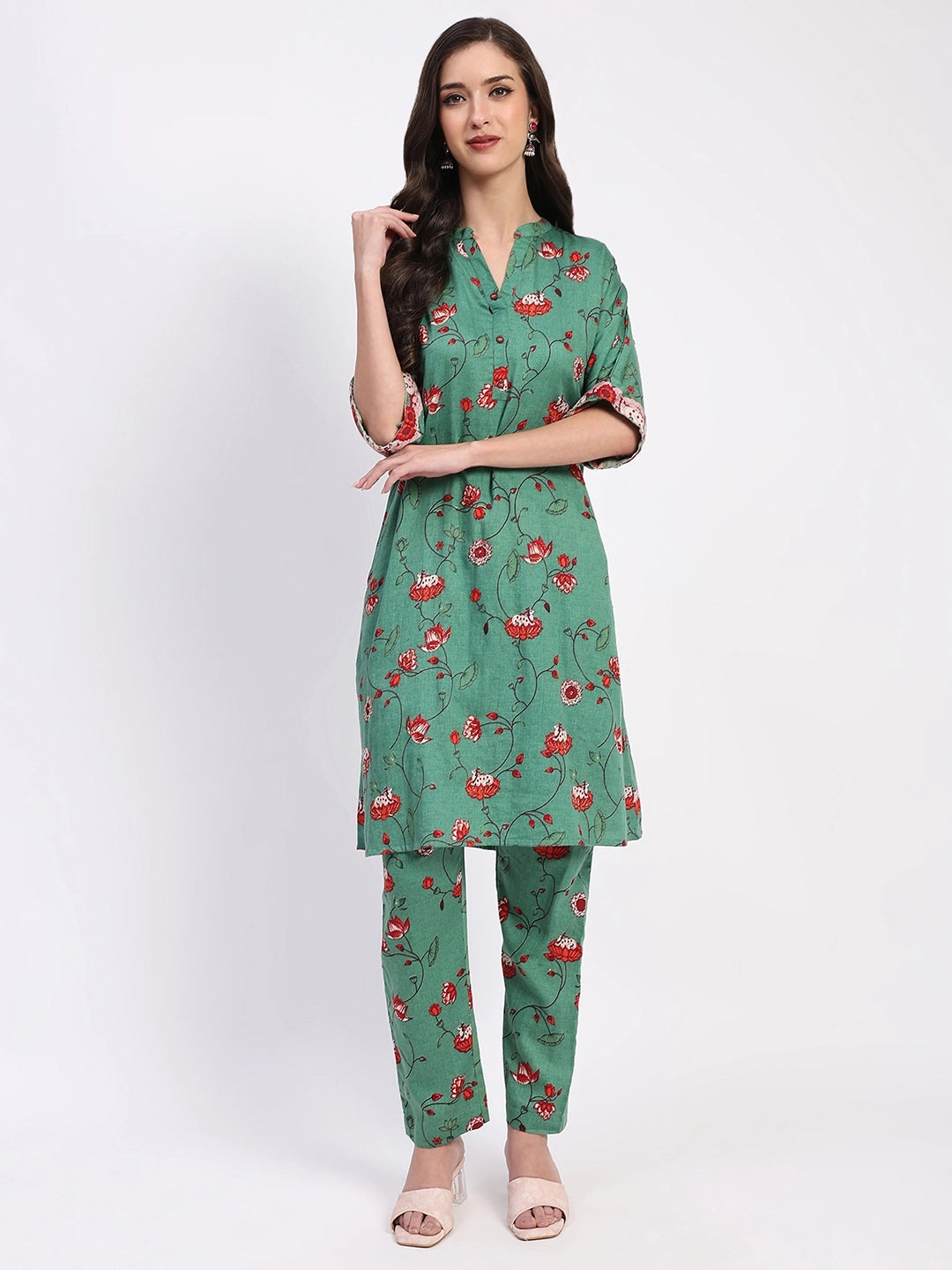 Green Ethnic Print Cotton Kurta Set