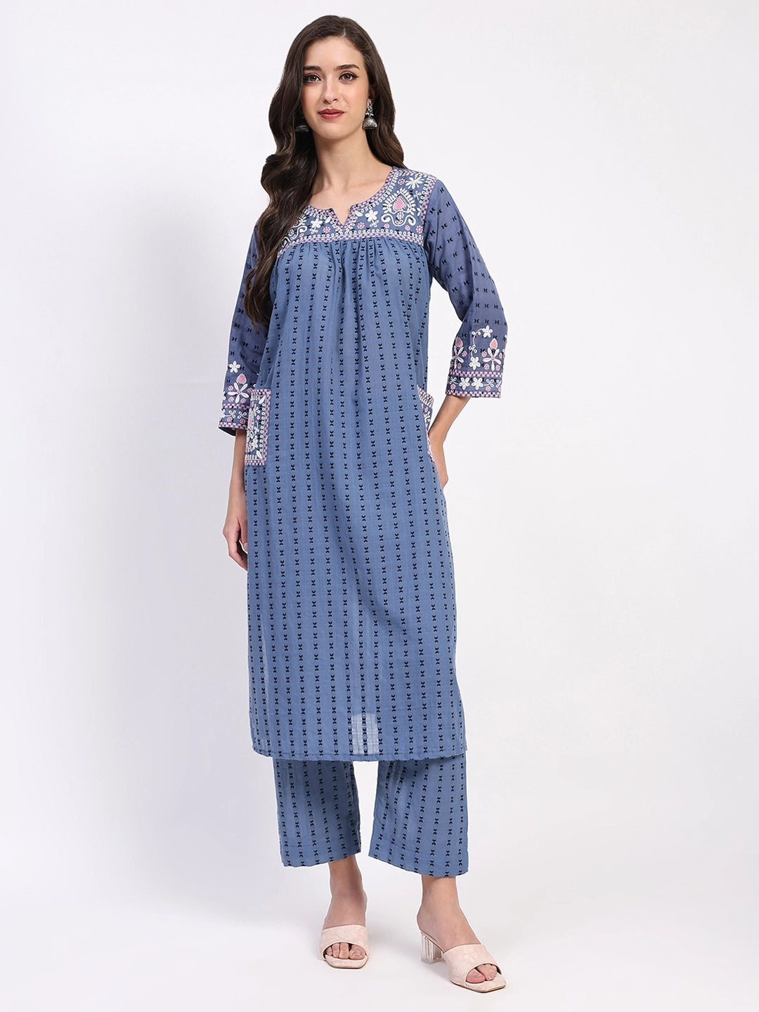 Blue Cotton Dobby Embroidered Kurta Set