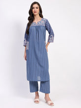 Blue Cotton Dobby Embroidered Kurta Set